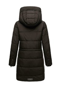 Long, dark brown puffer coat with a hood. Features stitched panels, zippered sleeves, and a logo patch near the hem. Smooth, quilted texture.