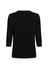 Schwarzes Langarmshirt mit rundem Ausschnitt, glatter Textur und schlichter Optik. Der Rücken ist unifarben und hat eine lockere Passform.