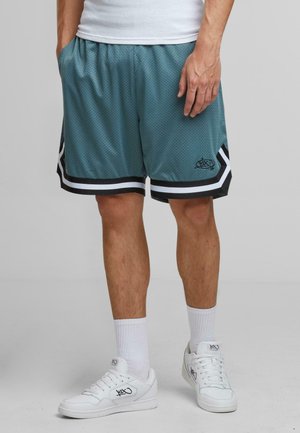 Teal nett basketballshorts med svarte og hvite striper, avslappet passform og sidelommer. Brukt med hvite joggesko og sokker.