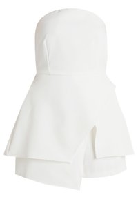 White strapless top with a structured design, featuring a flared peplum hem and seamless finish, made from a smooth fabric.