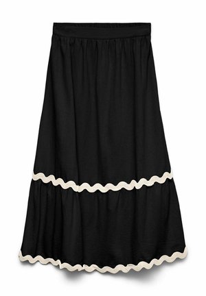 Juoda midi ilgio sijonas su elastine juosmens juosta ir dviem sluoksniuotas raukiniais, kiekvienas apjuostas balta banguota apdaila.