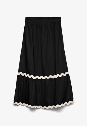 Juoda midi ilgio sijonas su elastine juosmens juosta ir dviem sluoksniuotas raukiniais, kiekvienas apjuostas balta banguota apdaila.