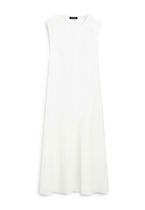 Ärmelloses, knielanges weißes Kleid mit rundem Ausschnitt und ausgestelltem Rock, flach auf weißem Hintergrund dargestellt.