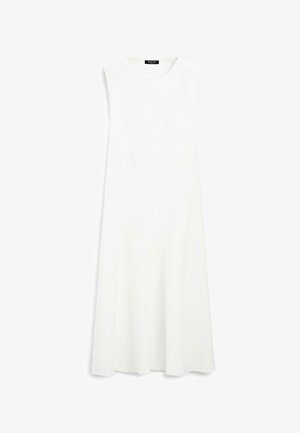 Ärmelloses, knielanges weißes Kleid mit rundem Ausschnitt und ausgestelltem Rock, flach auf weißem Hintergrund dargestellt.