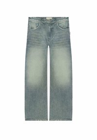Jeans azzurri chiari con un design a gamba larga, caratterizzati da un lavaggio sbiadito e dettagli di whiskering sottili, realizzati in denim. Stile a cinque tasche.