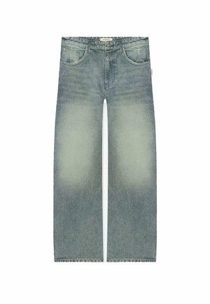 Jeans azzurri chiari con un design a gamba larga, caratterizzati da un lavaggio sbiadito e dettagli di whiskering sottili, realizzati in denim. Stile a cinque tasche.