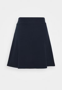 Gonna A-line blu navy con una cintura larga, che si allarga leggermente verso l'orlo, esposta su uno sfondo bianco.