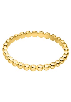 Anillo dorado con cuentas redondeadas y espaciadas uniformemente que forman un lazo continuo sobre un fondo blanco.