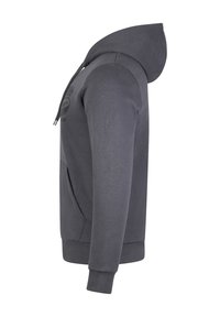 Ciemnoszara bluza z kapturem, z przednią kieszenią, sznurkiem w kapturze i ściągaczami na rękawach. Posiada minimalne znakowanie z przodu. Gładka faktura.
