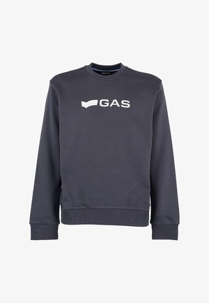 Felpa grigia scura con colletto a girocollo, polsini e orlo a coste, caratterizzata da un importante logo bianco "GAS" sul petto. Tessuto morbido.