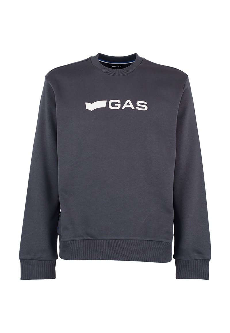 Felpa grigia scura con colletto a girocollo, polsini e orlo a coste, caratterizzata da un importante logo bianco "GAS" sul petto. Tessuto morbido.