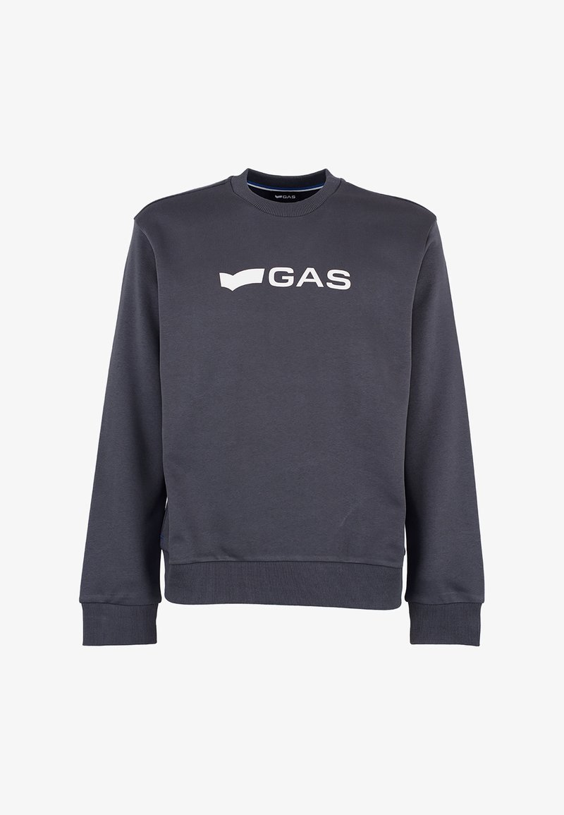 Felpa grigia scura con colletto a girocollo, polsini e orlo a coste, caratterizzata da un importante logo bianco "GAS" sul petto. Tessuto morbido.