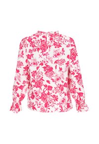 Kukkakuosiset valkoiset puserot, joissa on eloisat vaaleanpunaiset ruusukuvioinnit, pitkät hihat, joissa on kokoontuneet hihansuut, ja avattava selkä.