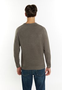 Maglione grigio a maglia con collo rotondo e maniche lunghe, dotato di polsini e orlo a coste. Indossato con jeans in denim blu.