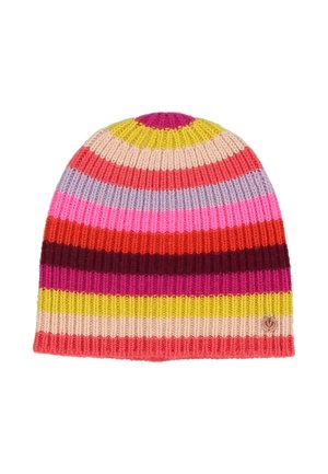 Kootud beanie mitmevärviliste horisontaalsete triipudega roosas, kollastes, punastes ja lavendlites. Omab soonikstruktuuri ja väikest logodetaili.