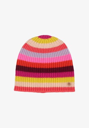 Kootud beanie mitmevärviliste horisontaalsete triipudega roosas, kollastes, punastes ja lavendlites. Omab soonikstruktuuri ja väikest logodetaili.