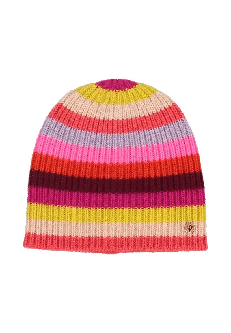 Kootud beanie mitmevärviliste horisontaalsete triipudega roosas, kollastes, punastes ja lavendlites. Omab soonikstruktuuri ja väikest logodetaili.