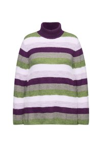 Gestreifter Rollkragenpullover mit abwechselnden Streifen in Lila, Weiß, Grün und Grau. Hergestellt aus einem weichen, strukturierten Stoff.