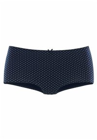 Námorníckomodré kraťasové spodné prádlo s malým bielym kvetinovým vzorom. Má predný uzol a mäkkú textúru látky.