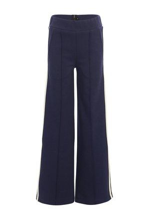 Marineblauwe broek met wijde pijpen, een hoge taille en verticale naaddetails, voorzien van witte zijstrepen langs de buitenkant van de benen.