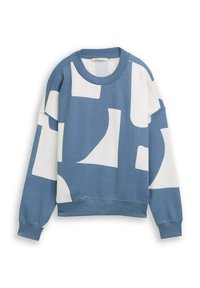 Blauwe sweatshirt met een oversized fit en abstracte witte geometrische vormen, met geribbelde manchetten, zoom en ronde hals.