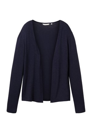 Námorně modrý cardigan vyrobený z měkké, strukturované tkaniny; otevřený přední design s dlouhými rukávy a bez zapínání. Jednoduchý a univerzální styl.
