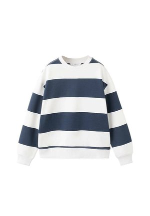 Sweat-shirt à manches longues avec col rond, larges rayures horizontales bleu marine et blanches, poignets et ourlet côtelés.