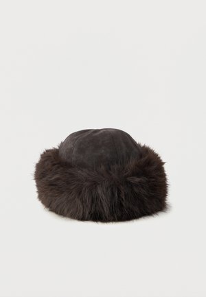 Brown fur hat with a soft, textured fur brim and a smooth leather body. Features a rounded crown and compact shape.
