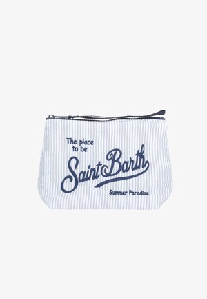 Piccola pochette bianca e blu a righe con zip e testo blu navy: "The place to be Saint Barth Summer Paradise."