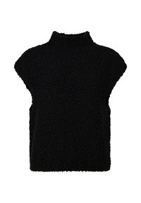 Black sleeveless mock neck top, made from textured fabric with a soft, fuzzy surface. Features a loose fit and rounded shoulder design.