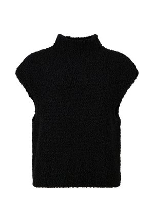Black sleeveless mock neck top, made from textured fabric with a soft, fuzzy surface. Features a loose fit and rounded shoulder design.