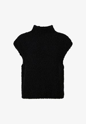 Schwarz ärmelloses Top mit Stehkragen, aus strukturiertem Stoff mit einer weichen, flauschigen Oberfläche. Verfügt über eine lockere Passform und ein rundes Schulterdesign.