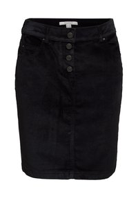 Jupe crayon en jean noir avec quatre boutons à l’avant, passants de ceinture, poches avant et étiquette Esprit à l’intérieur de la ceinture.