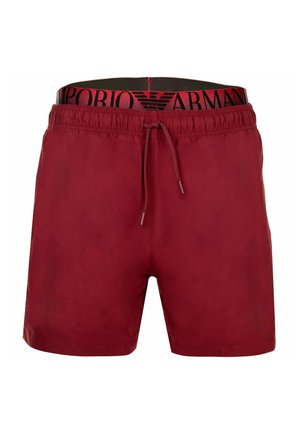 Rode zwemshorts voor heren met elastische tailleband en trekkoord, met zichtbaar Emporio Armani-logo op de binnenkant van de tailleband.