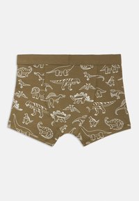Bañadores marrones con ilustraciones de dinosaurios blancos, que incluyen varias especies. Hechos de un tejido suave con una cintura elástica.