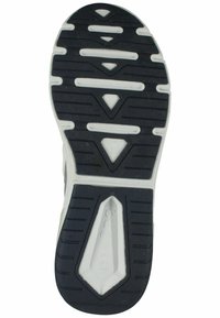 Svartvit sneakersula med spår för grepp och ett triangulärt mönster. Har upphöjda detaljer och märkesbokstäver "bugatti."