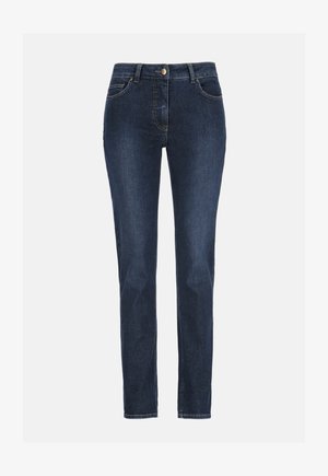 Tumši zili, šauras piegriezuma džinsi ar priekšējo pogu un rāvējslēdzēja aizdari, kā arī priekšējām un aizmugurējām kabatām, attēloti uz vienveidīga fona.