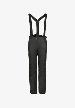 Czarne ocieplone spodnie narciarskie z regulowanymi elastycznymi szelkami i wzmocnionymi kolanami, zaprojektowane do zimnych warunków.