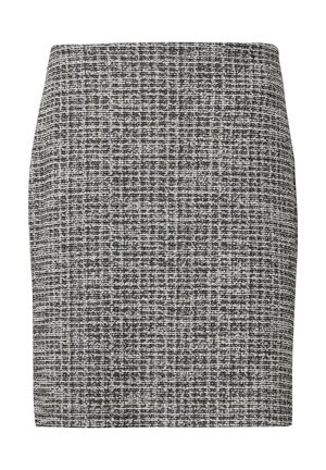 Mini-jupe texturée en noir et blanc avec une silhouette ajustée et un motif tissé subtil.