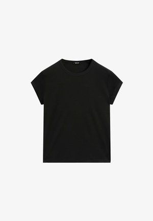 Black short-sleeve crew neck t-shirt with a straight hem, displayed flat on a white background.