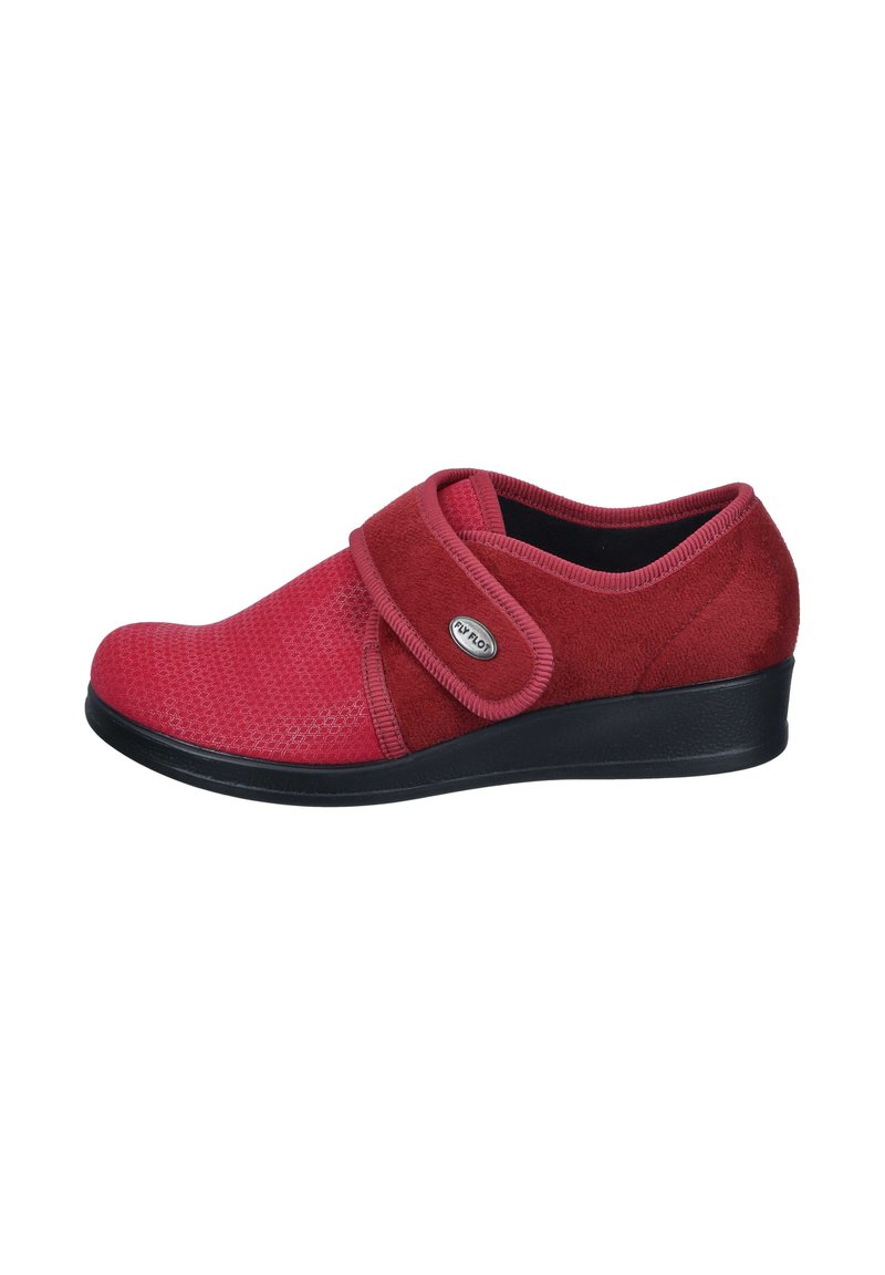 Red suede and mesh sneaker with a rounded toe. Features a Velcro strap across the upper and a low wedge black rubber sole.