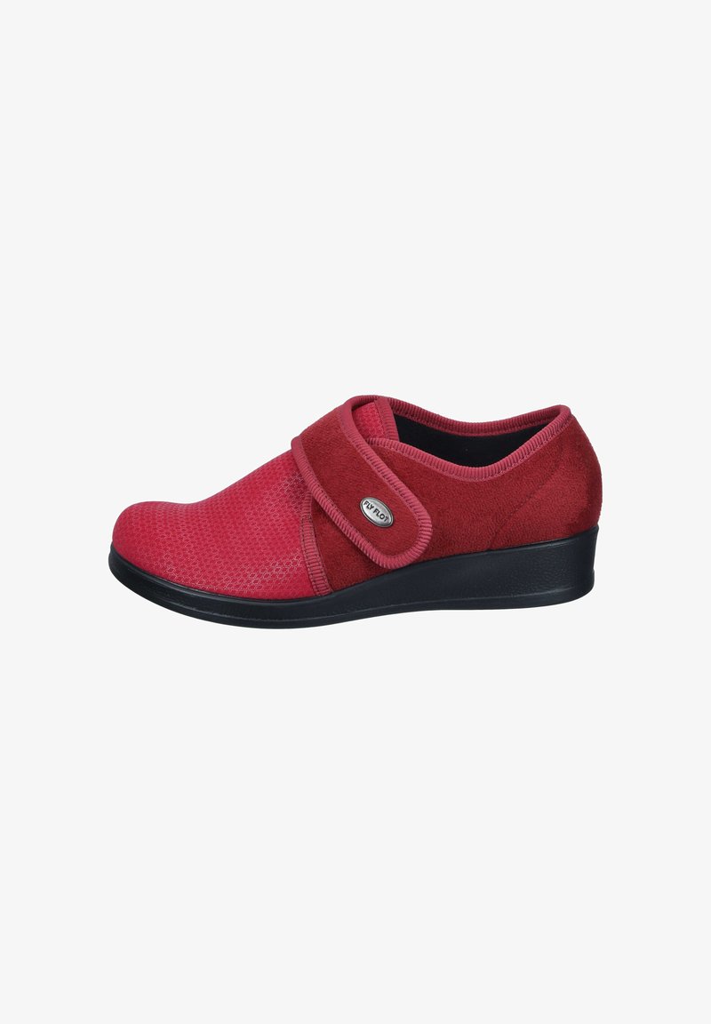 Red suede and mesh sneaker with a rounded toe. Features a Velcro strap across the upper and a low wedge black rubber sole.