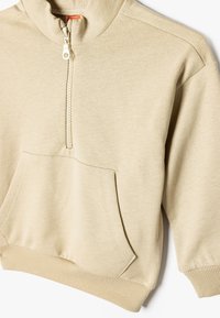 Sudadera cremosa con cremallera y cuello alto, bolsillo tipo canguro, puños acanalados y textura suave. Diseñada para mayor comodidad y uso casual.