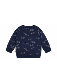 Dunkelblauer Pullover mit einem sich wiederholenden Muster von weißen Umriss-Dackeln. Weicher, strukturierter Stoff mit Rundhalsausschnitt und umgeschlagenen Ärmeln.