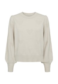 Crème pullover trui met ronde halslijn, puffende mouwen en subtiel hartpatroon. Gemaakt van zachte breimateriaal, met geribbelde manchetten en onderkant.