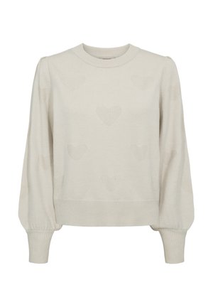 Crème pullover trui met ronde halslijn, puffende mouwen en subtiel hartpatroon. Gemaakt van zachte breimateriaal, met geribbelde manchetten en onderkant.