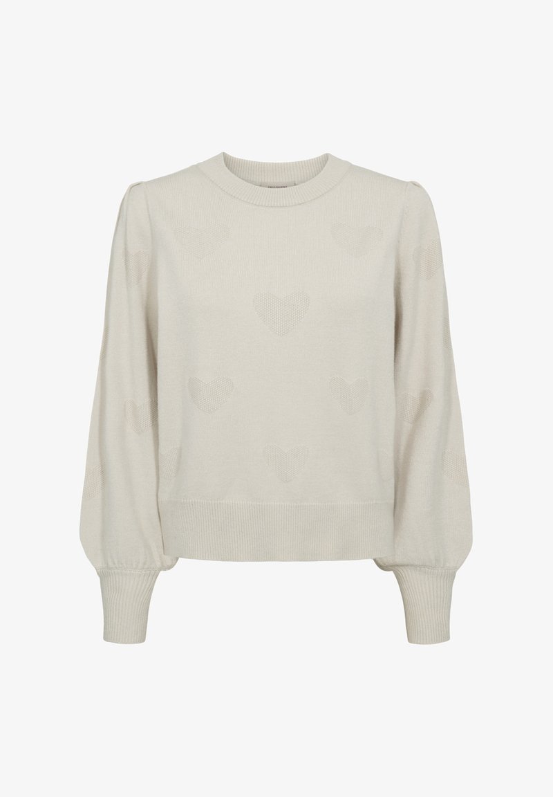 Crème pullover trui met ronde halslijn, puffende mouwen en subtiel hartpatroon. Gemaakt van zachte breimateriaal, met geribbelde manchetten en onderkant.