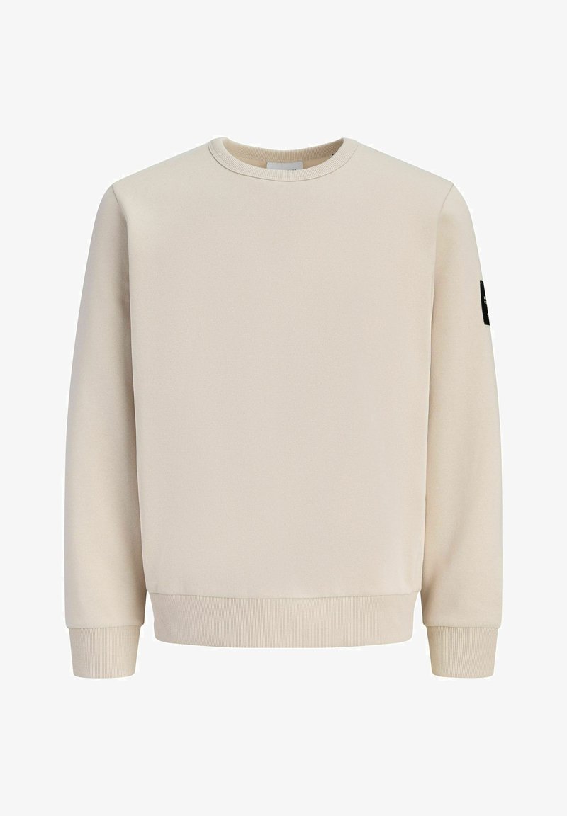 Sweat-shirt beige à col rond avec manches longues et poignets et ourlet côtelés, présenté sur un fond blanc uni.