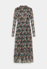 Abito nero a maniche lunghe con un motivo floreale caratterizzato da fiori e foglie colorate, scollo arricciato e design a gonna a più strati.