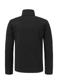 Schwarze Fleecejacke mit langen Ärmel, hohem Kragen, strukturiertem Stoff und geradem Saum, von hinten vor einem weißen Hintergrund gezeigt.